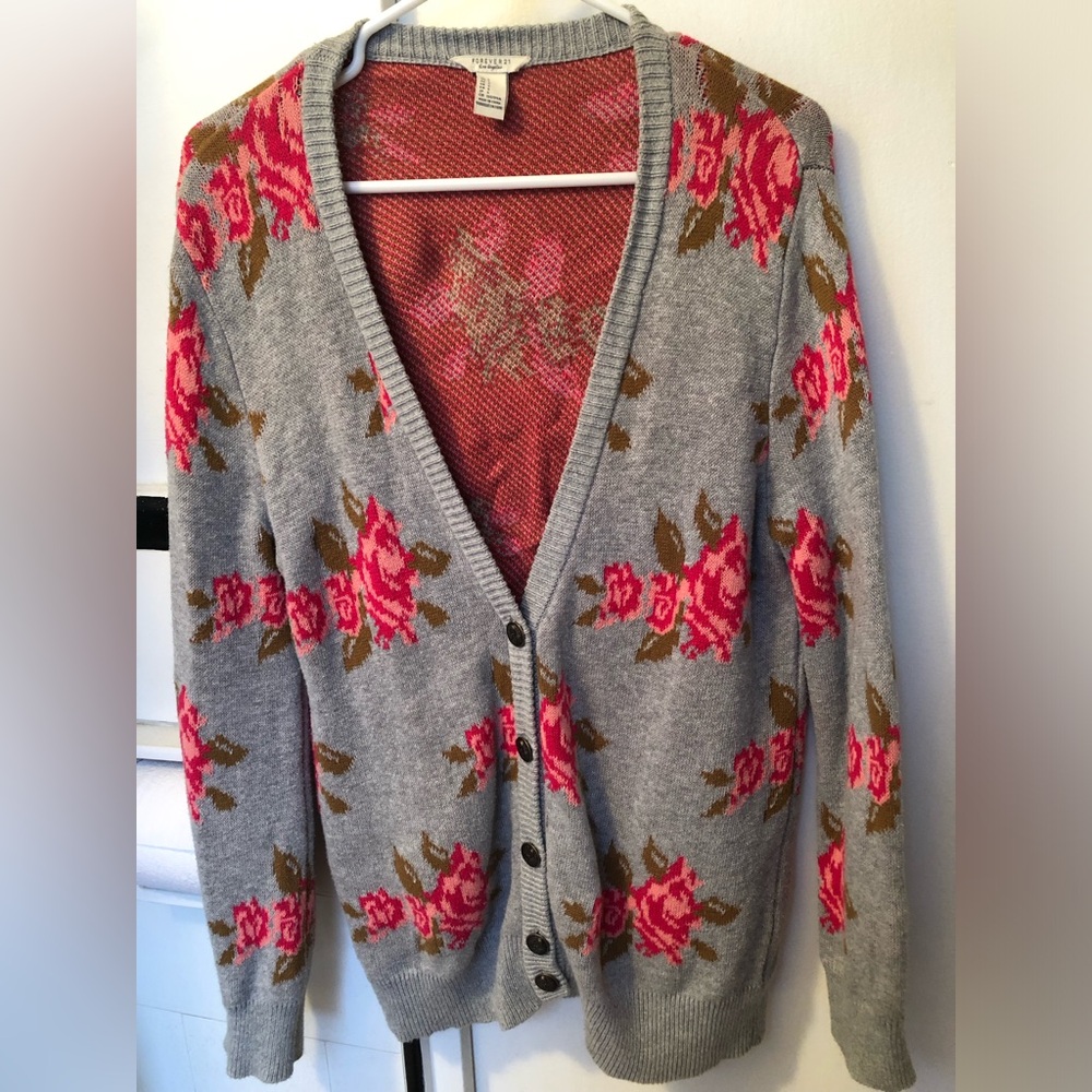Forever 21 Gray and Pink Floral Cardigan